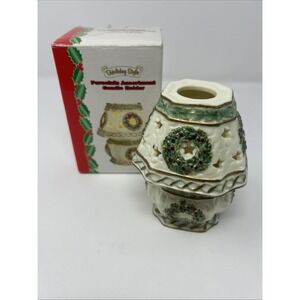 Vintage Holiday Style Porcelain Candle Holder Christmas Wreath Poinsettia W/ Box